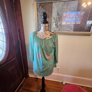 Paisley Grace's Turquoise and Taupe Printed Peasant Top - Women